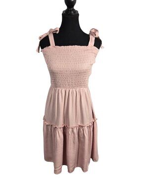 NWOT | Rose Pink Smocked Tiered Mini Dress Tie Shoulder Ruffle Hem | Small